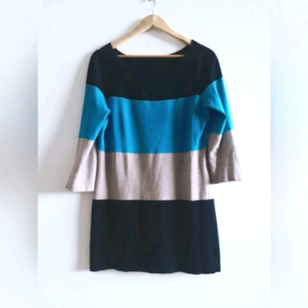 Sweater- Blue, grey, black colour-blocked striped sweater dress, fits S-L
